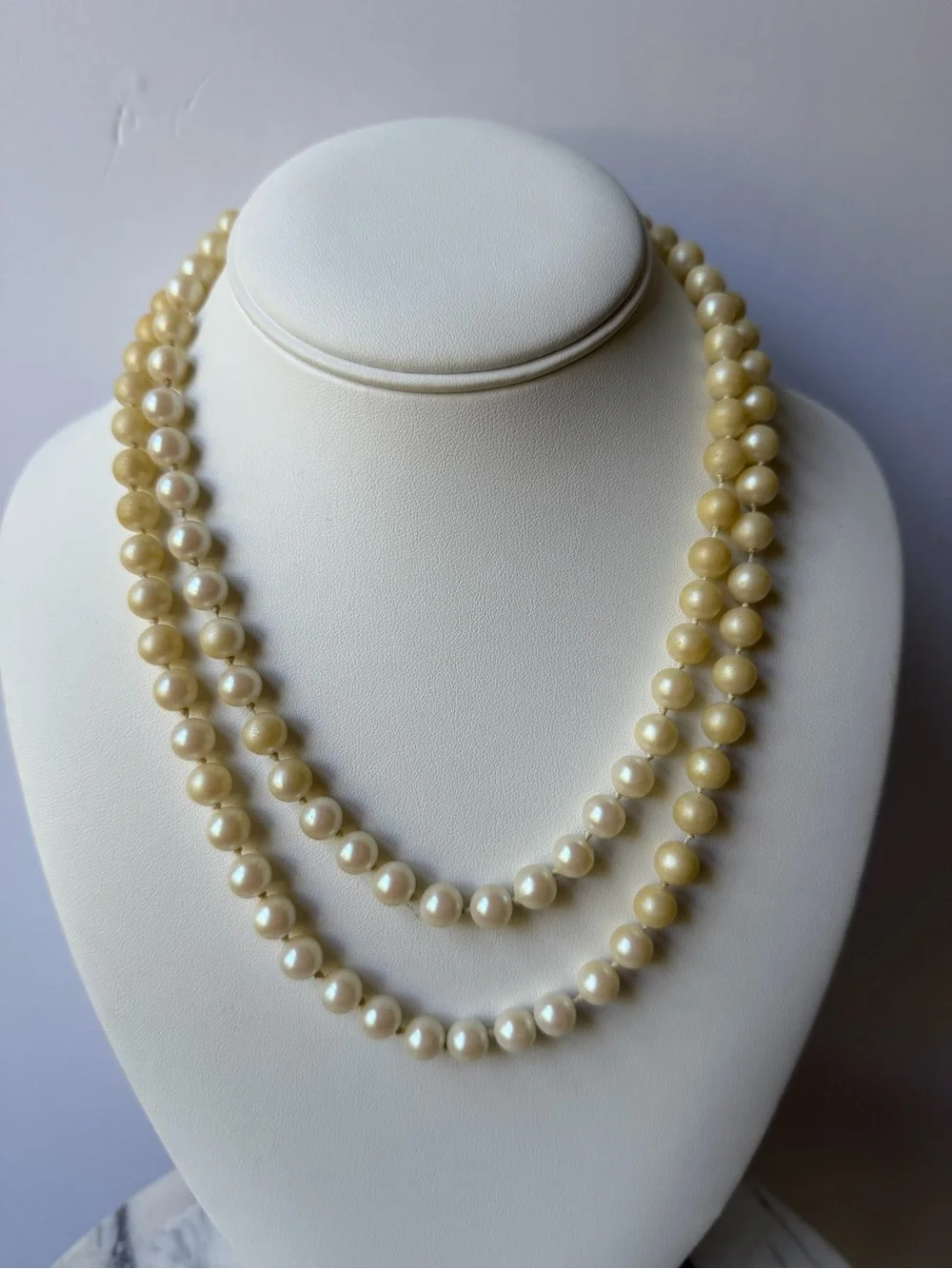 Vintage Sarah Coventry Faux Pearl Opera Necklace 36” Ivory Beads Signed Clasp